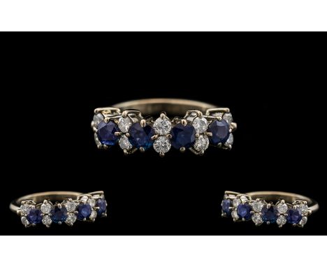 Ladies 18ct White Gold - Attractive Diamond and Sapphire Set Ring. Excellent Design / Setting. Stamped 750 to Interior of Sha