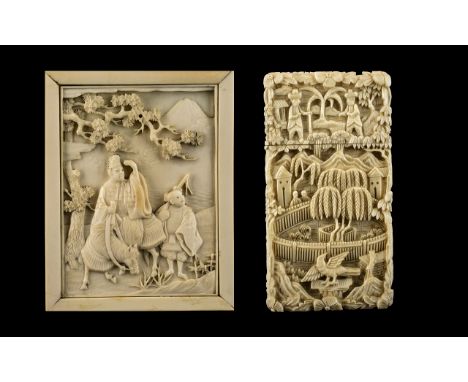 Late 19th Century - Profusely Carved Ivory Lidded Card Case, Decorated with Images of Trees, Birds, Buildings and People In V