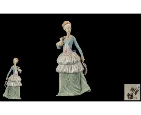 Nao by Lladro Tall and Impressive Hand Painted Figurine ' Elegant Young Woman ' In a Large Ball-Gown, Holding a Small Dog and