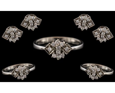 A Contemporary and Attractive Platinum - Diamond Set Jewellery Suite ( 3 ) Comprises of Dress Ring and Matching Pair of Earri