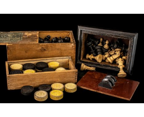 Collection of Two Vintage Boxed Chess Sets & Checkers Set, one in a vintage Chess Men box, marked 2/6, one a vintage lidded b