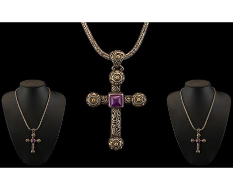 Large Silver and Gold Cross Set With an Amethyst Stone to the Centre. Stamped 925 &amp; 18K, On a Silver Chain - Maker Samuel