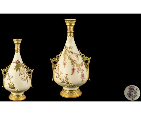 Royal Worcester Hand Decorated Blush Ivory Twin Handle Persian Style Bulbous Shaped Vase. Date Mark for 1888. Worcester Puce 