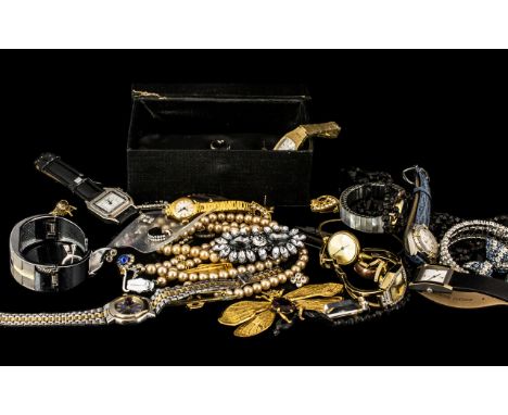 Collection of Vintage Costume Jewellery &amp; Watches, comprising: twin strand pearls; collection of brooches including diamo