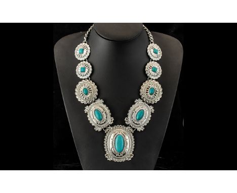 Turquoise Howlite 'Tribal' Statement Necklace, large, graduated, decorated plaques set with oval and square cabochons of turq