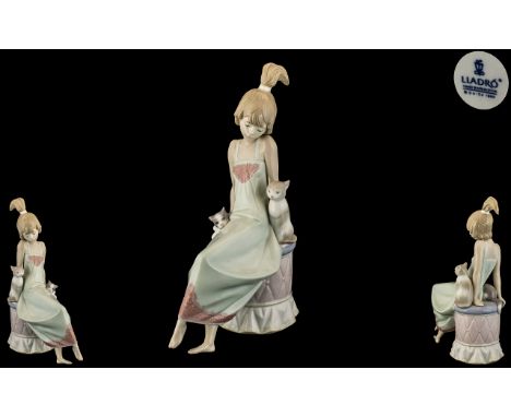 Lladro - Hand Painted Porcelain Figure ' Bedtime - Girl with Kittens ' Model No 5443. Designer Franciso Catala. Issued 1987 -
