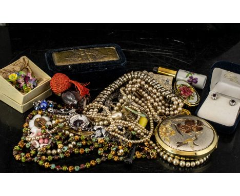 Bag of Mixed Costume Jewellery, trinket boxes, compact, scent bottles, earrings, faux pearls, etc.