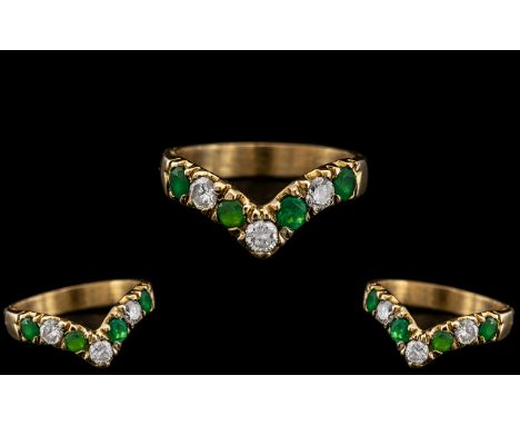 18ct Gold - Attractive Diamond and Emerald Set Wishbone of Superb Quality. The Diamonds and Emeralds of Top Colour / Clarity 