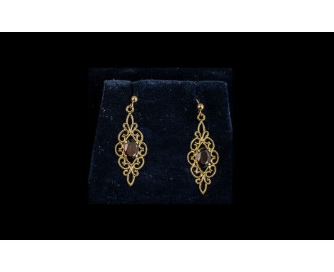 9ct Gold Ruby/Garnet Set Earrings, large drops of ornate, fancy design, very attractive and of good size, 1.5 inch (3.75cms) 