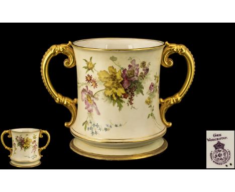 Royal Worcester - Superb and Large Hand Painted Blush Ivory Two Handle Loving Cup, Decorated with Painted Images of Spring Fl