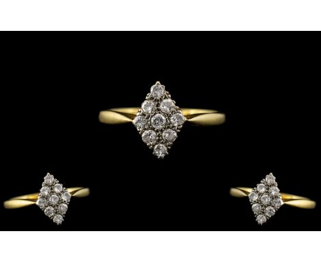 18ct Gold and Platinum Attractive Diamond Set Cluster Ring. Marked 18ct and Platinum to Interior of Shank. The Diamonds of Ex