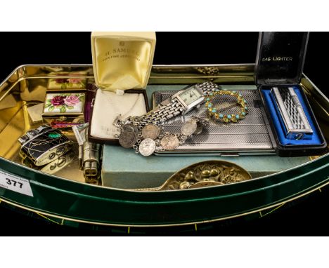 Box of Assorted Vintage &amp; Collectible Items, including: a silver tone cigarette case; a vintage 'Rolstar' ladies lighter 