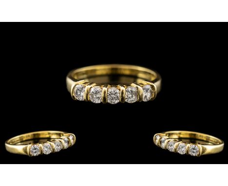 18ct Yellow Gold - Attractive 5 Stone Diamond Ring. Marked 750 - 18ct to Shank. The Five Round Brilliant Cut Diamonds of Exce