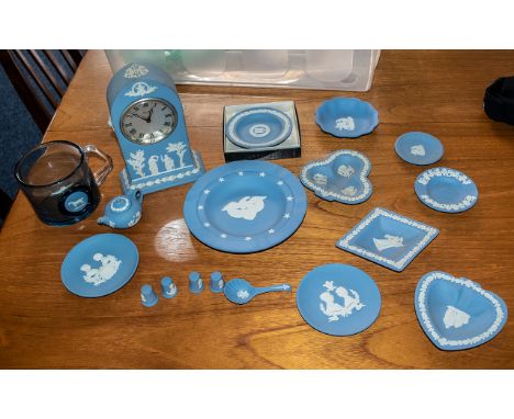 Collection of Wedgwood Blue Jasper, comprising a mantle clock, large assortment of round dishes and pin trays, miniature teap