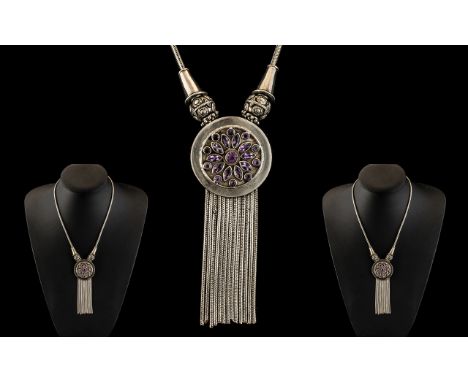Antique Period - Superb and Well Made Persian Pale Amethyst Set - Sterling Silver Necklace - Pendant. The Central Roundel Set