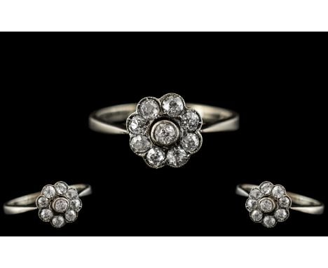 Antique Period 18ct White Gold and Platinum Diamond Set Cluster Ring - Flower head Design. Marked 18ct and Platinum. Diamonds