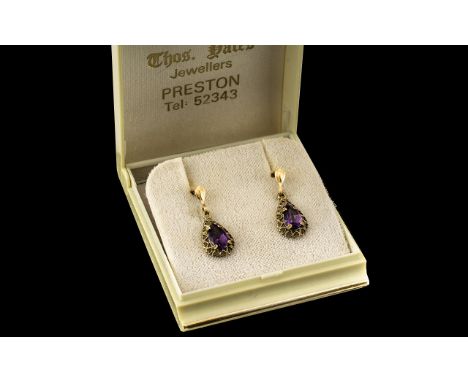 Boxed Set of 9ct Gold Amethyst Drop Earrings, from Thos. Yates of Preston, in original gift box.  For Pierced ears.