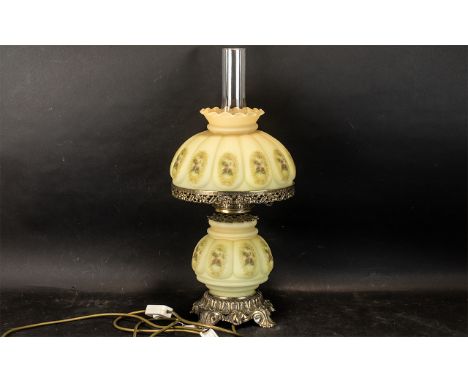 Large Lamp in Oil Lamp Style, with glass dome base and shade, and clear glass funnel. 