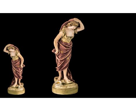 Robinson &amp; Leadbeater Antique Bisque Figure of a girl in flowing robes, at the edge of a stream; marked R &amp; L, 16 inc