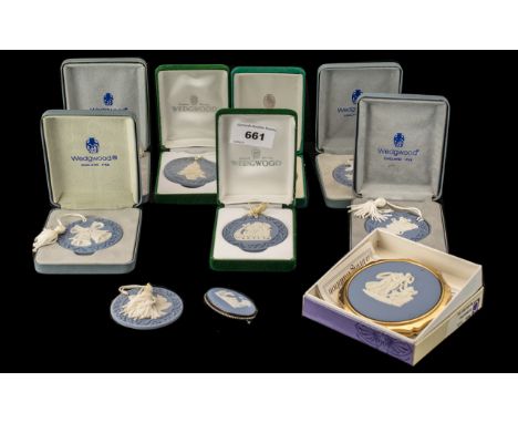 Collection of Wedgwood Christmas Decorations, 8 in total, with  tassels for hanging decoration, together with a Wedgwood powd