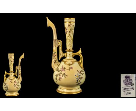 Royal Worcester Hand Painted Blush Ivory Persian Design - Rose Water Ewer, Embellished with Painted Gold Borders. Date 1892 &