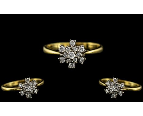 18ct Gold - Attractive Diamond Set Ring - Contemporary Design, Flower head Setting. Fully Hallmarked to Interior of Shank for