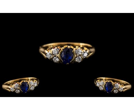 Antique Period - Exquisite 18ct Gold Diamond and Sapphire Set Ring. Marked 18ct to Interior of Shank. The Central Blue Sapphi