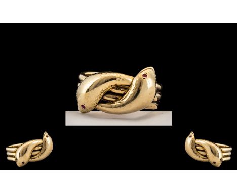 9ct Gold Impressive / Heavy Two Headed Snake Ring, Set with Ruby Eyes. Full Hallmark to Interior of Shank. Ring Size T ( Larg