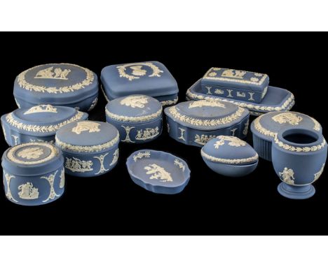 Collection of Wedgwood Blue Jasperware Lidded Trinket Boxes, 10 in total, assorted shapes, together with an oblong pin tray a