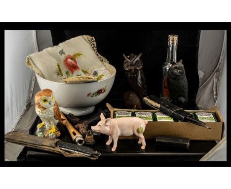 Miscellaneous Box Lot comprising 'Souvenir from Bruxelles' painted silk cushion, French porcelain bowl, 6 pottery shoes, 2 ow