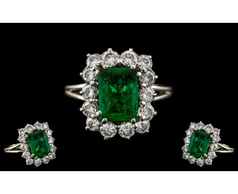 Art Deco Period - 18ct White Gold Stunning Emerald and Diamond Set Dress Ring. c1930's. The Step-cut Natural Colombian Emeral