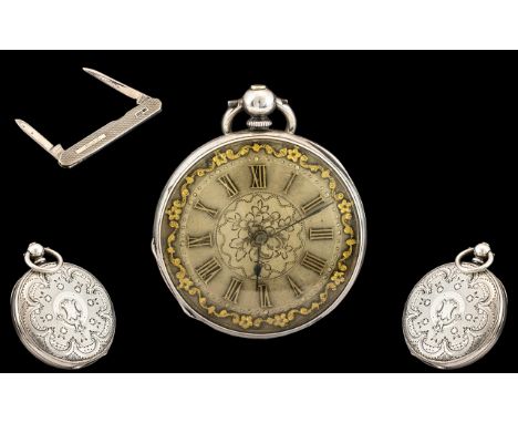 Swiss made 1920's Superior Ladies Ornate Silver Open Faced Key-Wind Small Pocket Watch, with Gold Markers and Borders, The Di