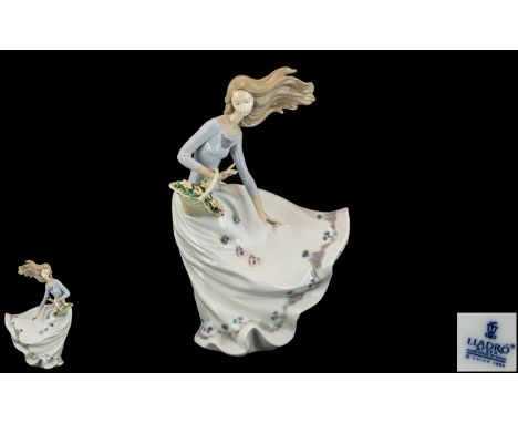 Lladro Tall and Impressive Hand Painted Porcelain Figure ' Petals on the Wind ' Young Lady Holding a Basket of Flowers. Model