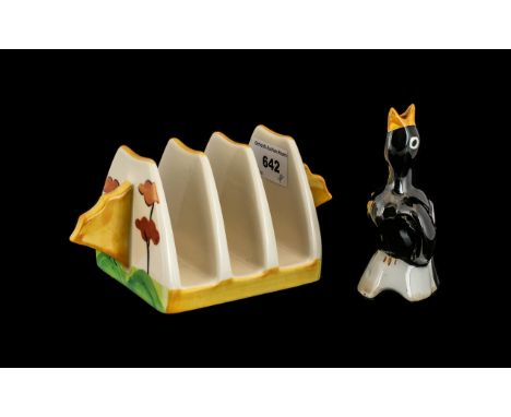 Vintage Past Times Clarice Cliff style Toast Rack, no cracks but two small nicks to top of rack; together with Midwinter Blac