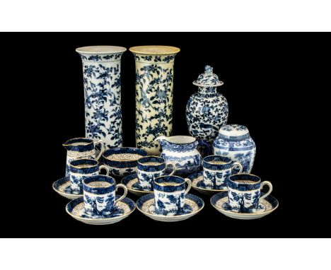 Collection of Blue &amp; White Porcelain, comprising two 10" tall Chinese vases, markings to base; a Chinese lidded pot (a/f)