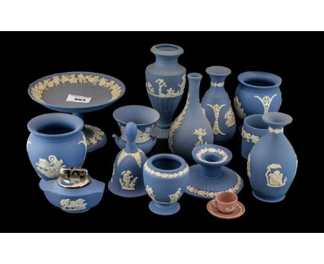 Collection of Wedgwood Blue Jasper, comprising a footed dish, a table lighter, a candle holder, bell, specimen vases, pots, e