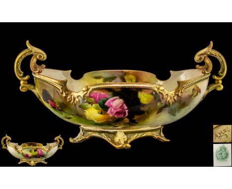Royal Worcester - Signed Fine Hand Painted Porcelain Twin Handle Boat Shaped Floral Centrepiece Bowl with Extensive ' Floral 