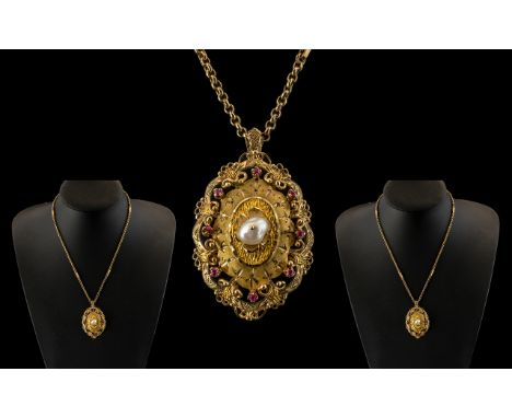 Ladies 9ct Gold - Attractive Ruby and Pearl Set Ornate Pendant From the 1970's of Pleasing Design and Form. With Attached 9ct