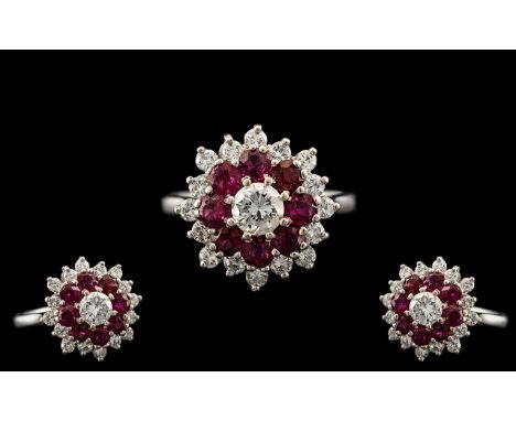 18ct White Gold - Attractive and Quality Ruby and Diamond Set Cluster Ring. Marked 18ct to Interior of Shank. The Central Mod