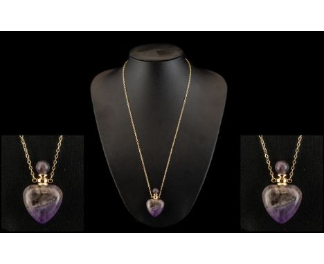 Sage Amethyst Perfume Bottle Pendant, a heart shaped perfume bottle cut from purple amethyst, naturally swathed with grey-gre