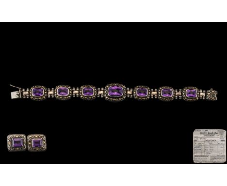 Amethyst Silver and Gold Bracelet with Seven Faceted Matching Stones Set In Heavy Quality Stamped 925 Mounts, with 18K Decora
