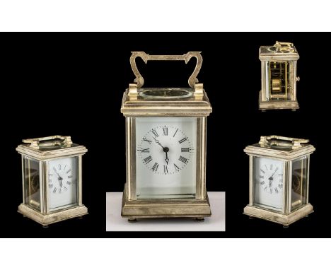 Silver Plated - Miniature Key-wind Carriage Clock with Visible Lever Escapement, Glass Panels with White Enamel Dial. Working