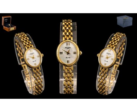 Rotary ' Elite ' Ladies 9ct Gold Bracelet Wrist Watch. Features White Enamel Dial In Never Worn Condition - Please Confirm wi