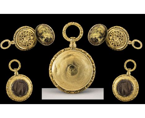 George IV - Superb Gold Vinaigrette / Locket. Unmarked, c.1825. Of Circular Form with Chased Borders and Scroll, The Engine T