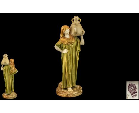 Royal Worcester Hand Painted Figure of a Classical Female Water Carrier, Wearing a Headdress and Long Flowing Robe, Carrying 