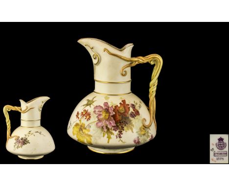 Royal Worcester Hand Decorated Blush Ivory Stylised Jug - Ewer. Decorated with Painted Floral Images to Body, Handle and Spou