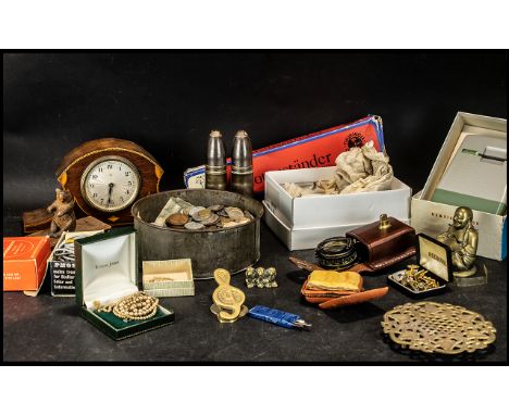 Mixed Box of Collectibles to include two Trench Art Shell cases, small mixed lot of costume jewellery, a black forest figure,