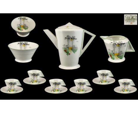 Shelley Art Deco Period Tea Service 'Cornfield', with a black print, golden yellow cornfield flanked by grey trees and green 