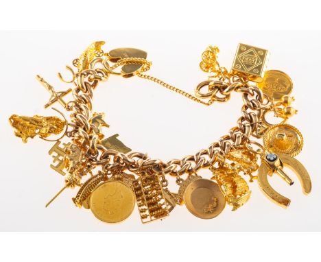 A charm bracelet with charms, a curb link bracelet with heart padlock and safety chain, the heart padlock is marked 9ct to ve