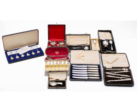 A mixed group of silver and silver plated items including; a cased set of six coffee spoons, a cased Old English and Bead pat